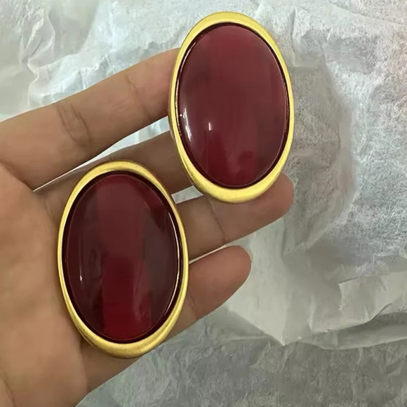 Anthropologie Vintage Oversized Red Brass Oval Statement Earrings - Picture 1 of 15